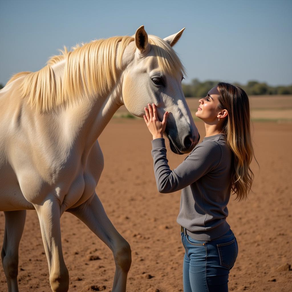 Arabian horse palomino being groomed by its owner 