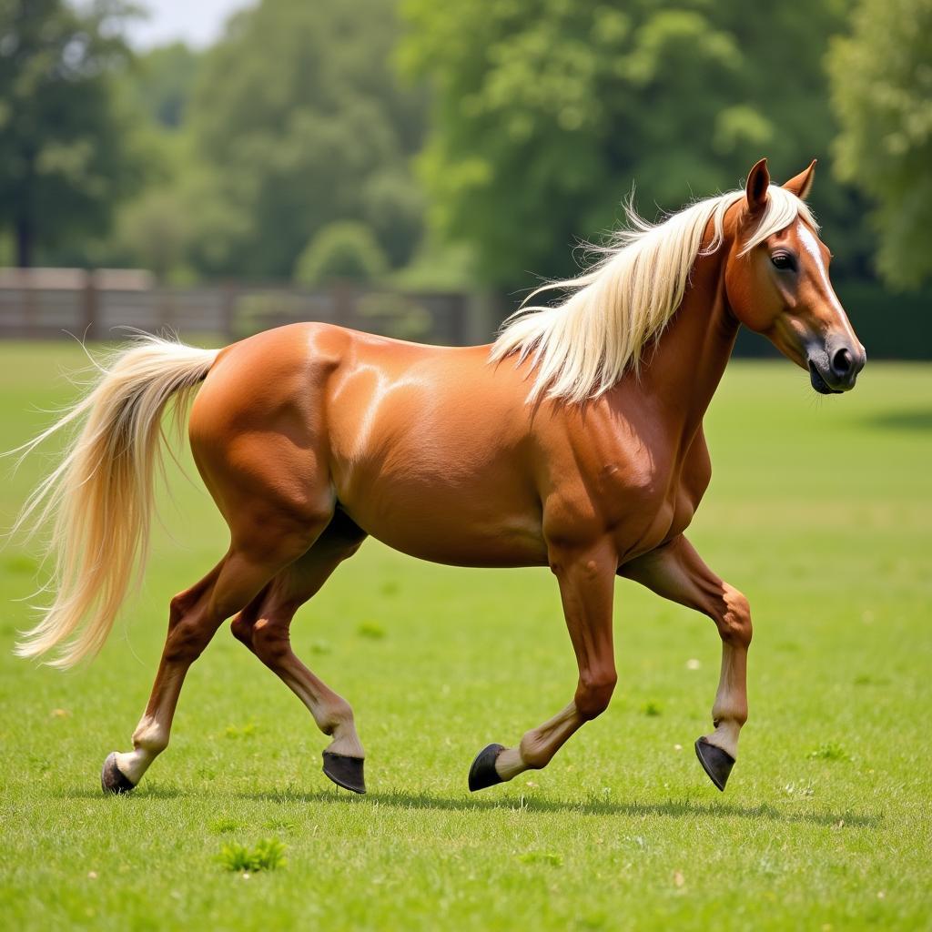 Arabian horse palomino running in a field