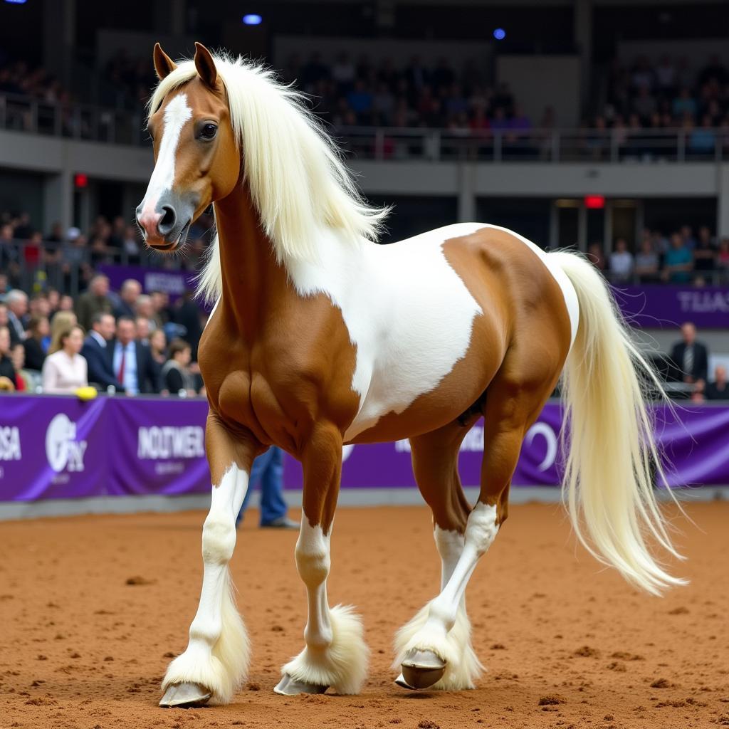 An Arabian horse being presented in a show ring