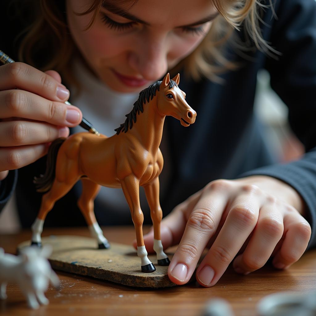 Artist Hand-Painting a Horse Figurine