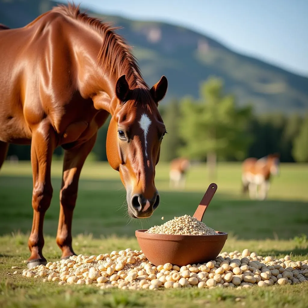 A horse enjoying a balanced meal of hay and grains.