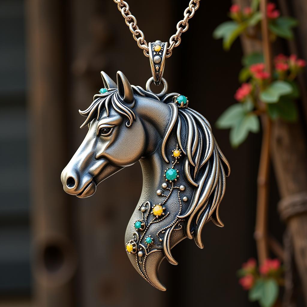 Close-up of a woman wearing a silver Gypsy Horse necklace