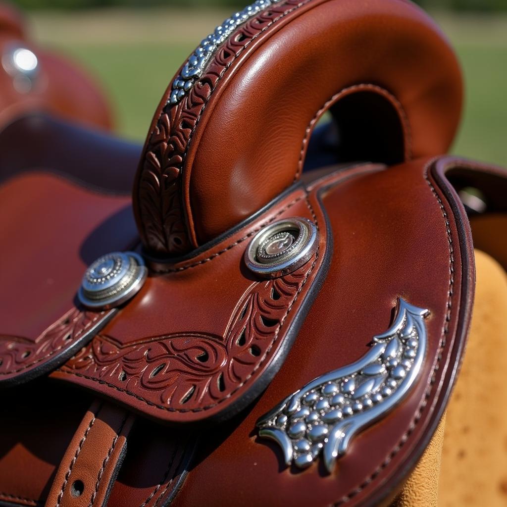 Leather saddle with intricate tooling and silver accents