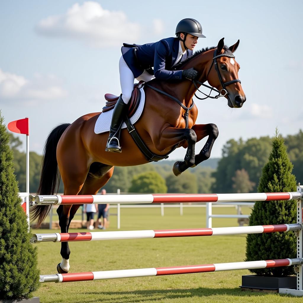 Warmblood horse clearing a jump