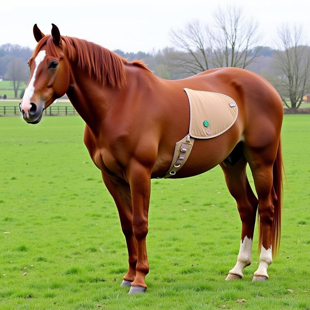 Horse with a Bib Clip Standing in a Paddock