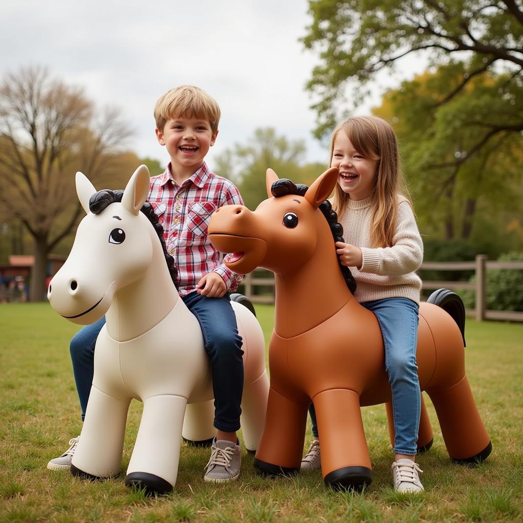 Children laughing and playing with big country bouncy horses.