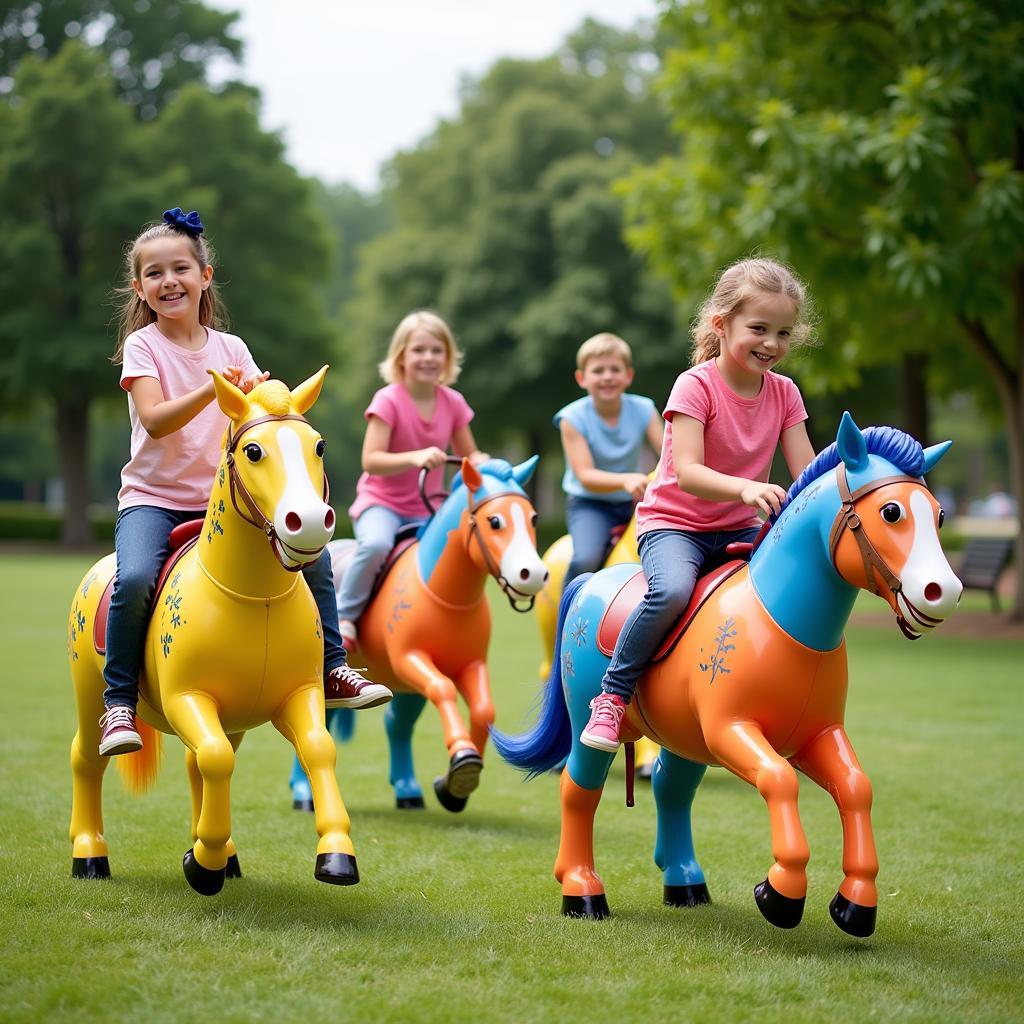 Kids playing with big country bouncy horse