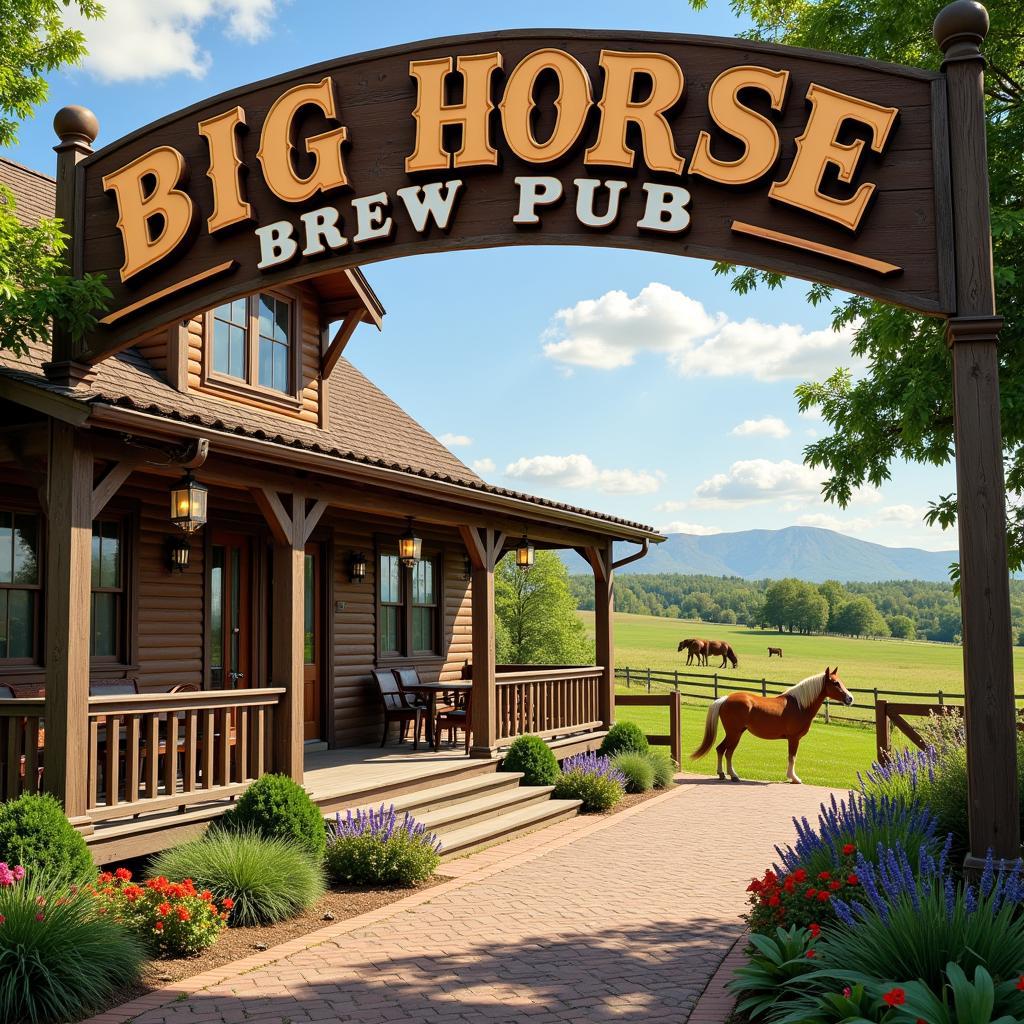 A rustic Big Horse Brew Pub exterior