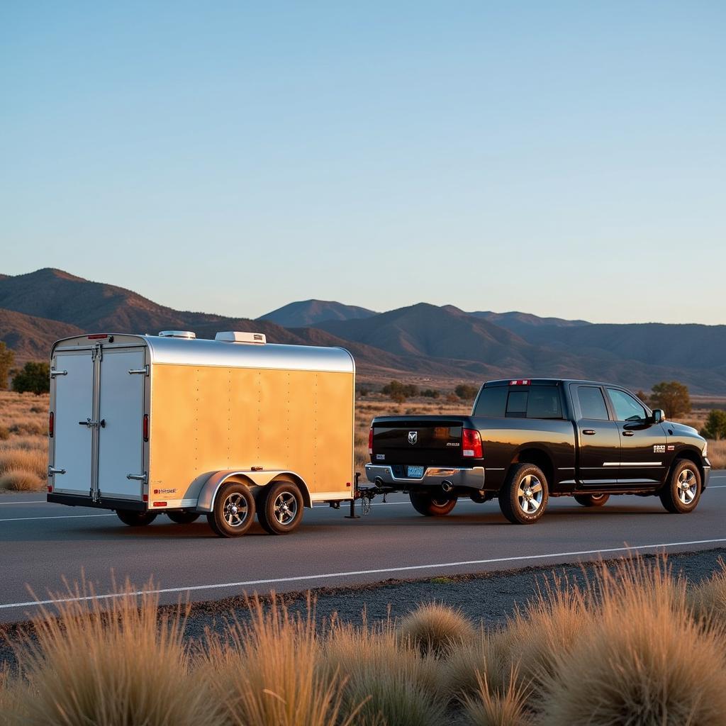 A Bison horse trailer being towed by a truck on an open road