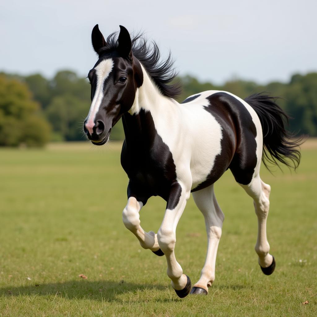 Black and white filly running