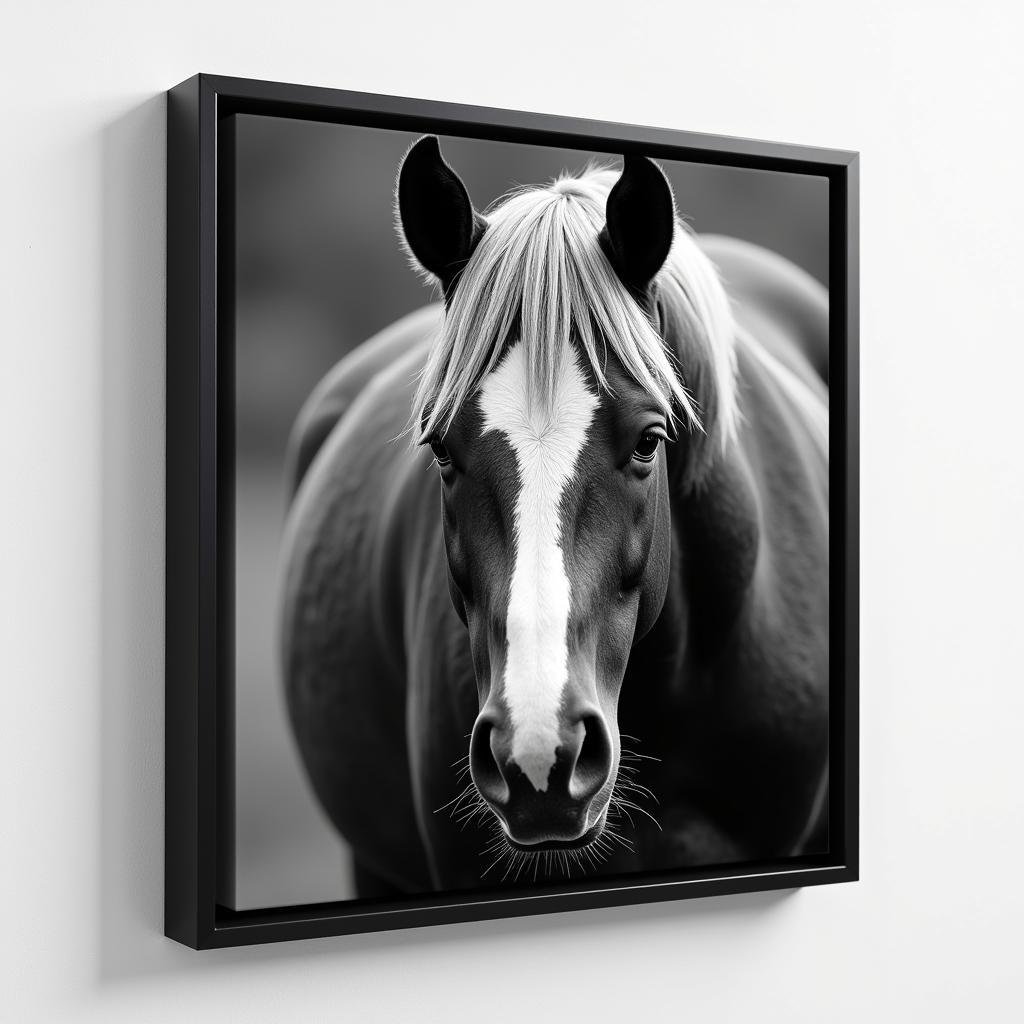 Black and white horse photography canvas with a minimalist frame