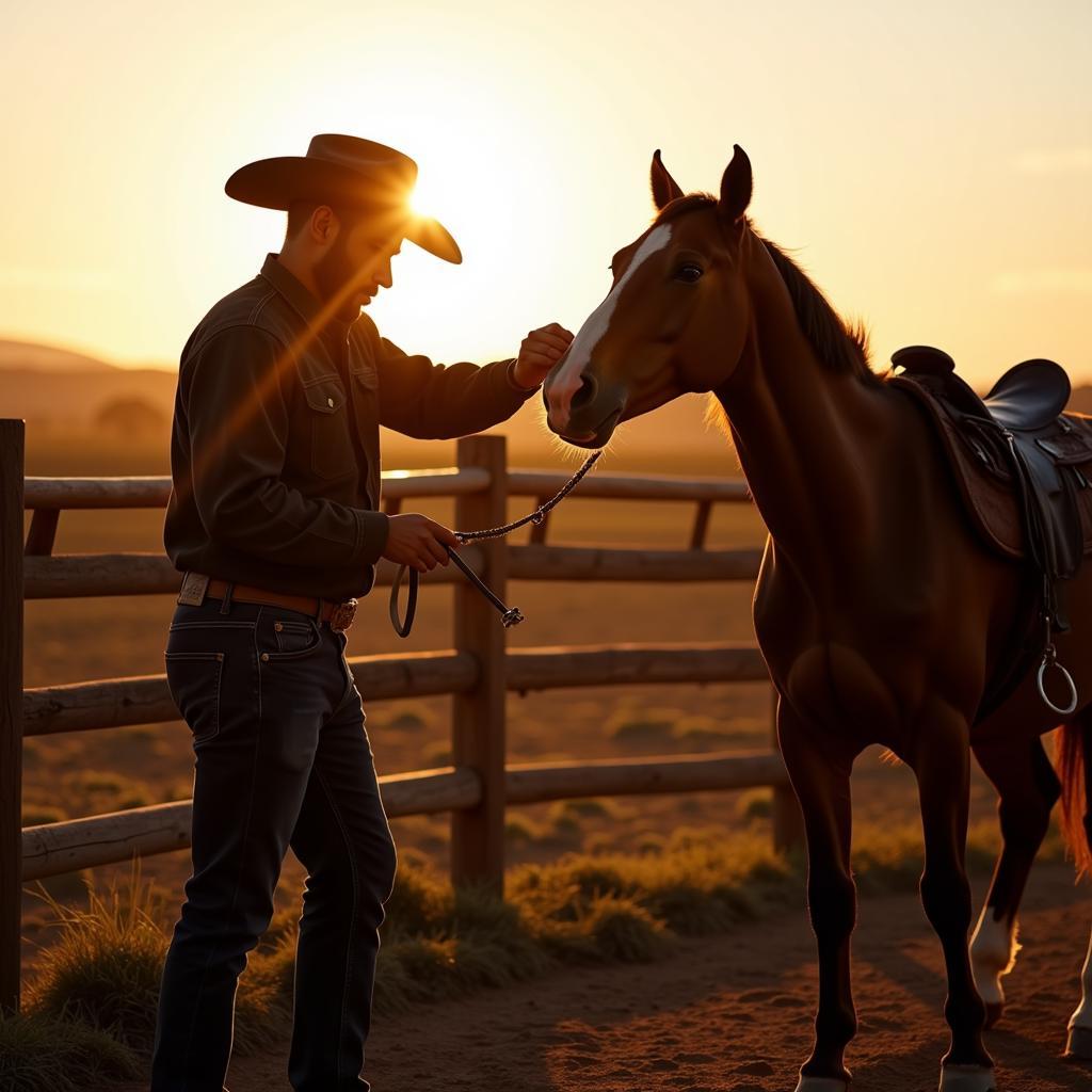 Black Cowboy Gentling a Wild Horse