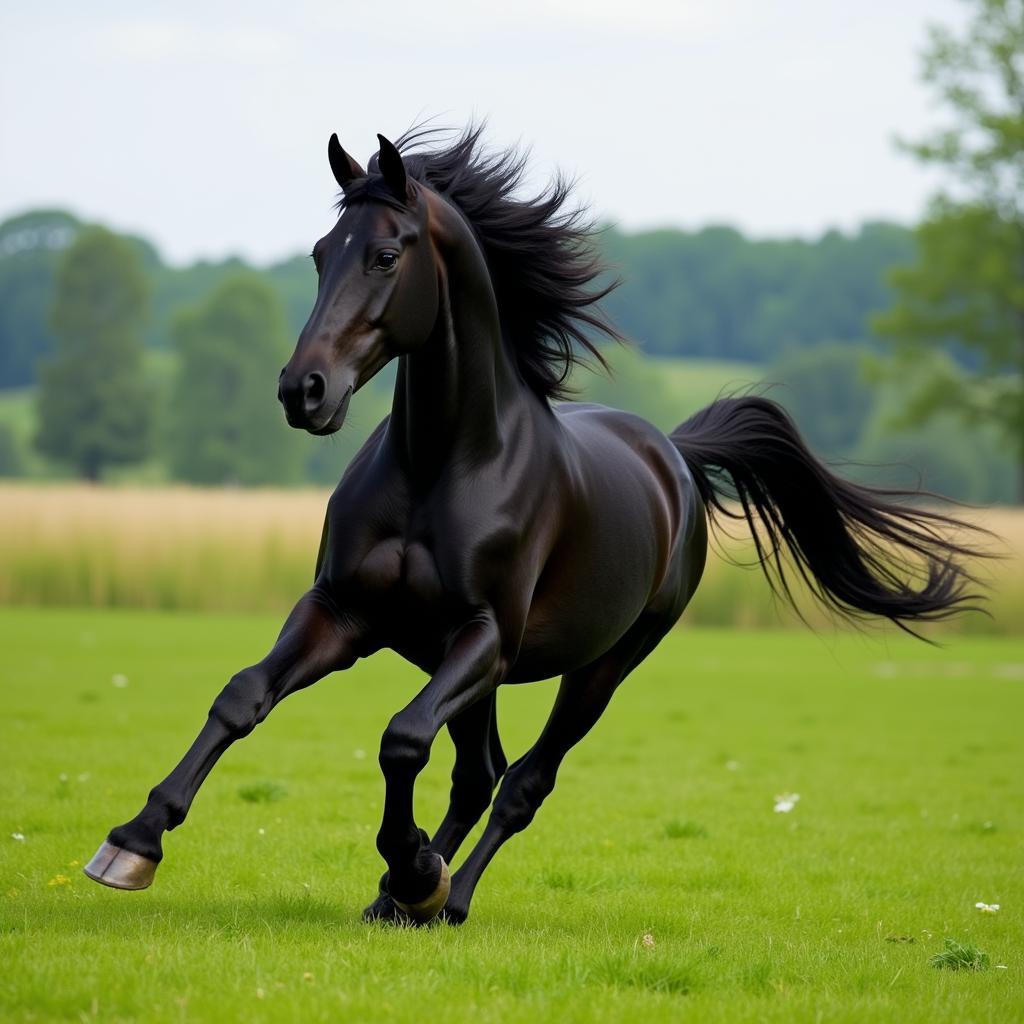 Black Friesian Horse Running in a Field