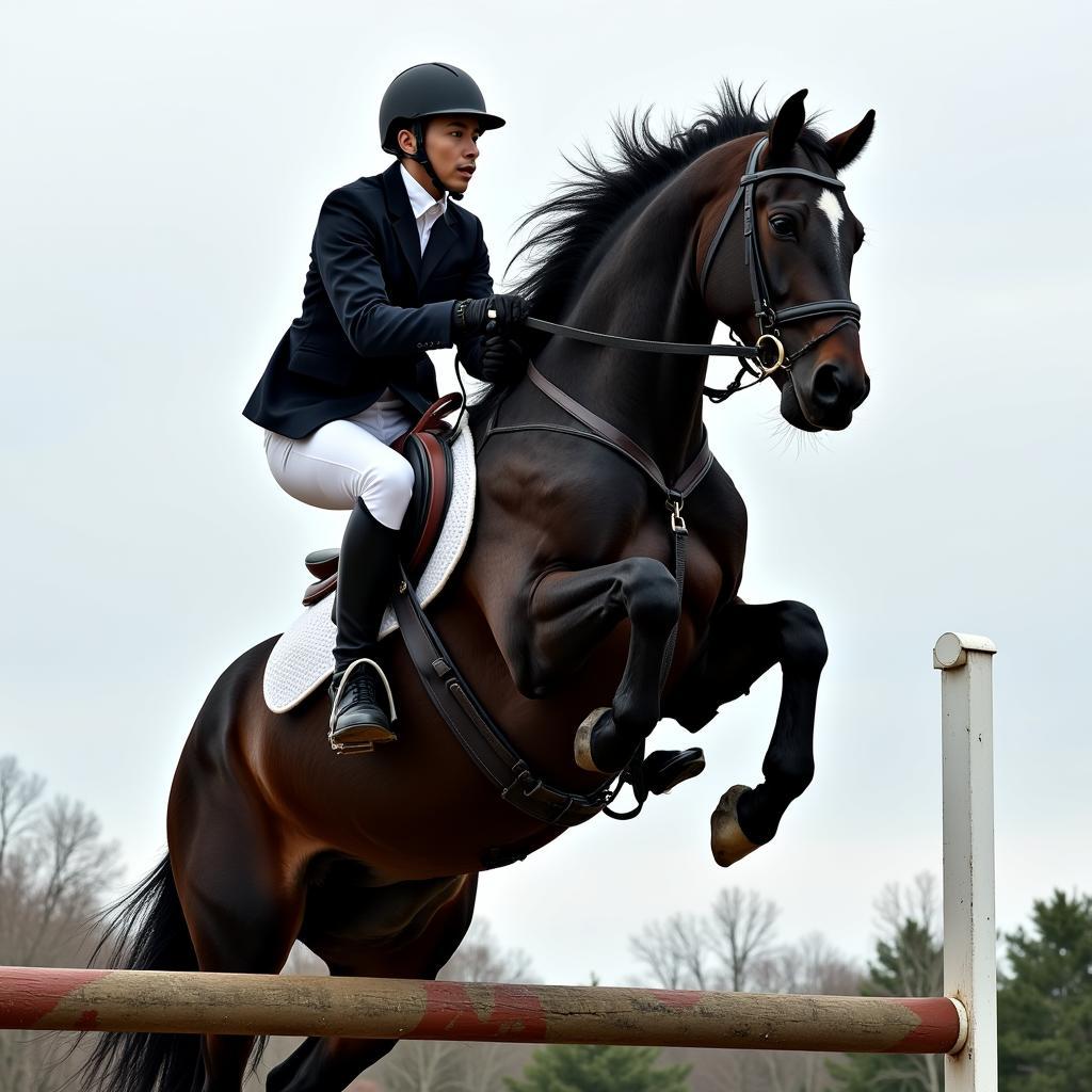 Black horse and rider clearing a jump