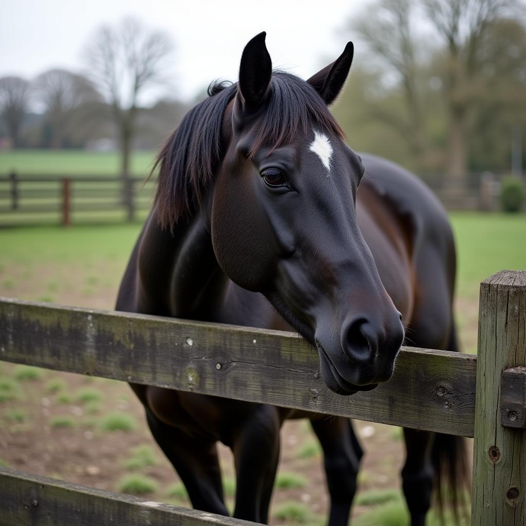 Black horse standing calmly near a sturdy fence