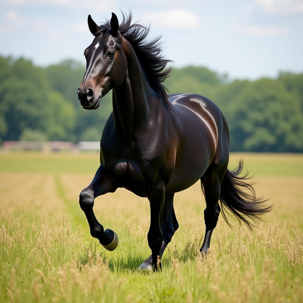 Black horse running through a field