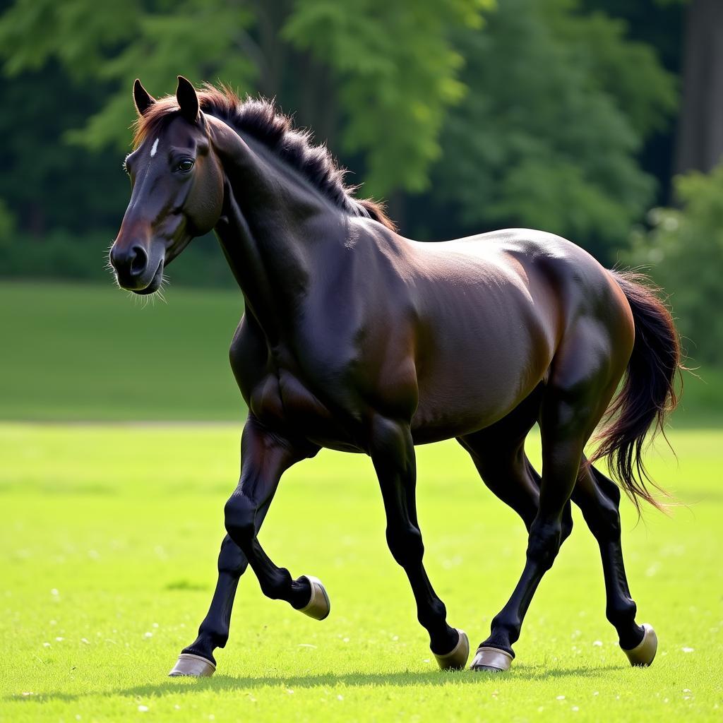 Black horse running through a field