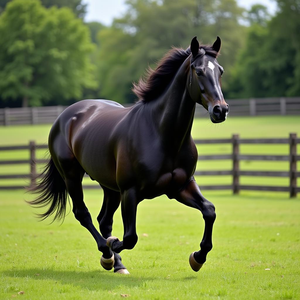 Black horse running freely in a vast, fenced pasture