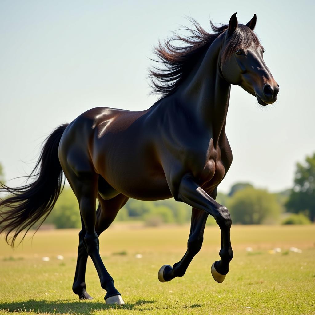 Black horse running through a field