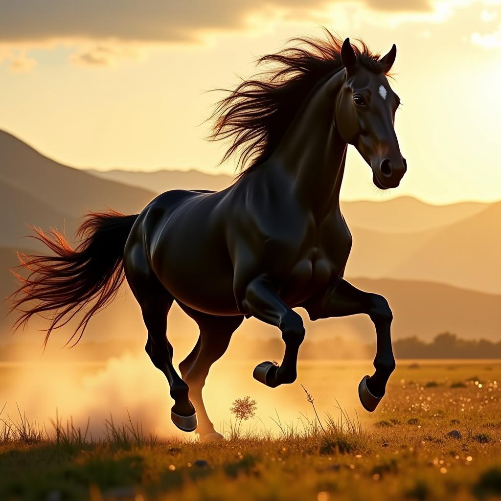 Black horse running freely through a field