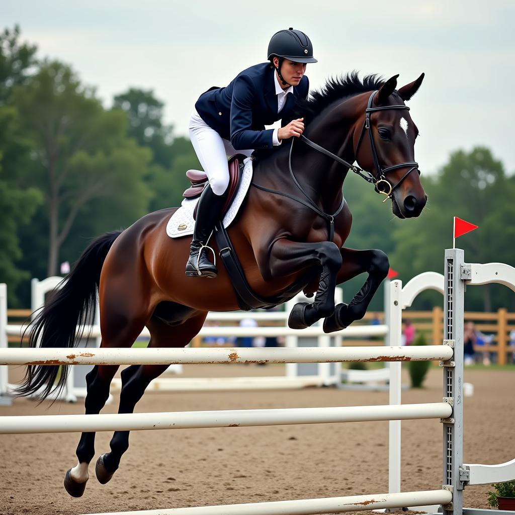 Black horse and rider in show jumping competition