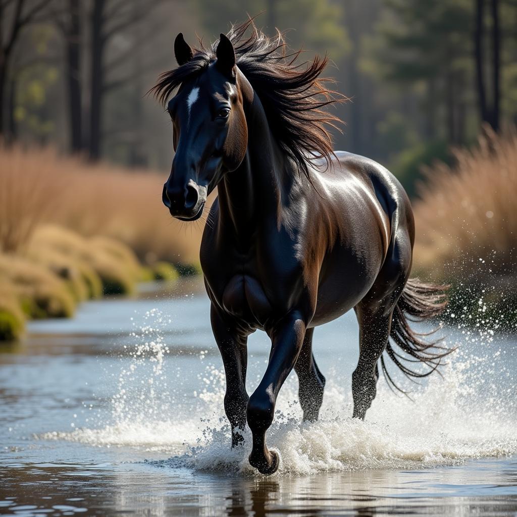 Black Mare Running Through Water