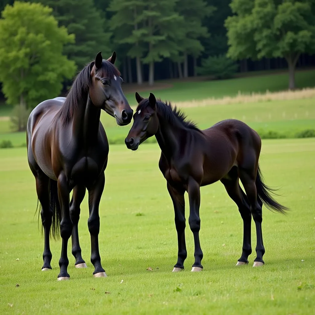 Black Thoroughbred Mare and Foal in Pasture