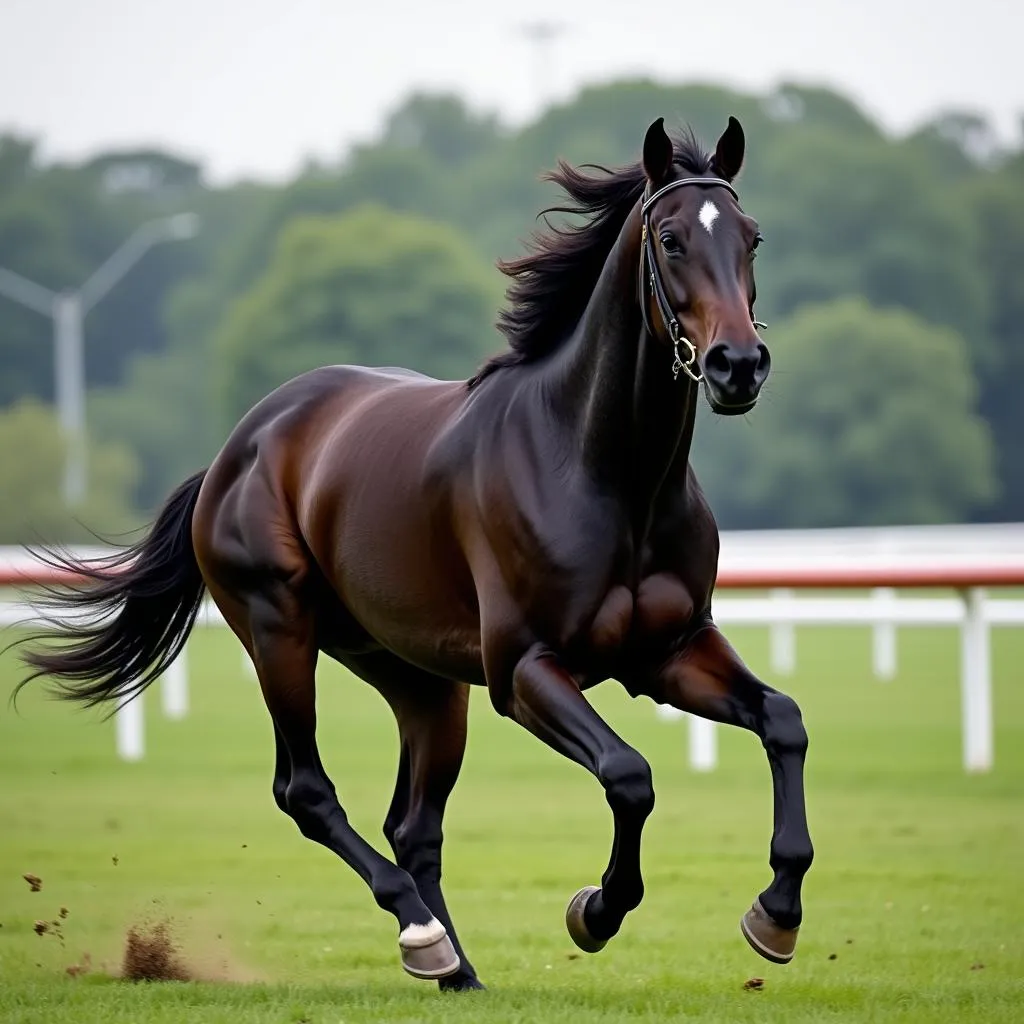 Black Thoroughbred Racehorse in Action