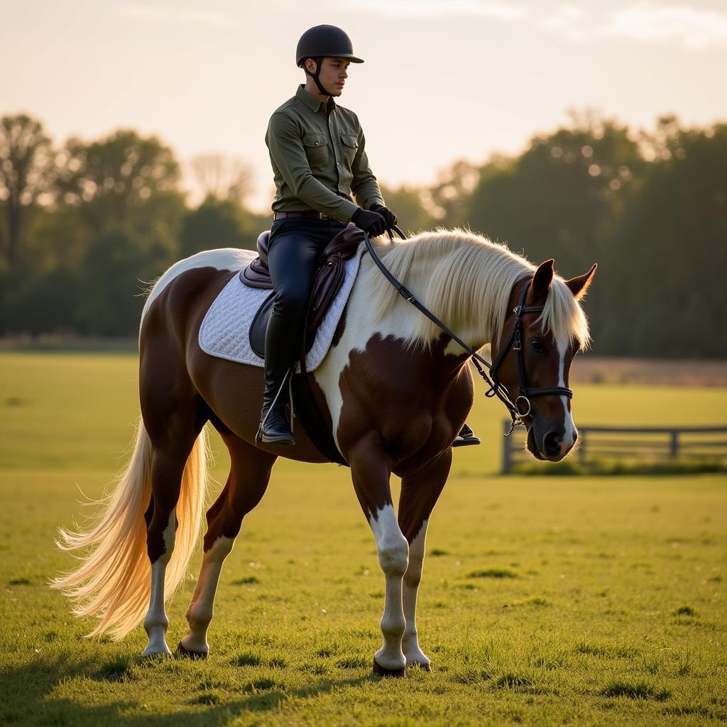 A rider in full equestrian attire gracefully guides her blooded horse through a dressage routine in the picturesque countryside of Delaware, Ohio.