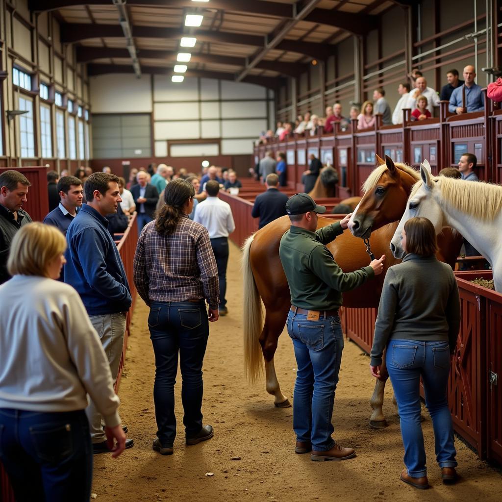 A bustling scene at a blooded horse auction in Delaware, Ohio, with potential buyers inspecting horses.