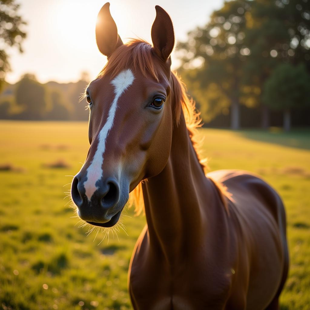 Blue-eyed horse enjoying the sunlight