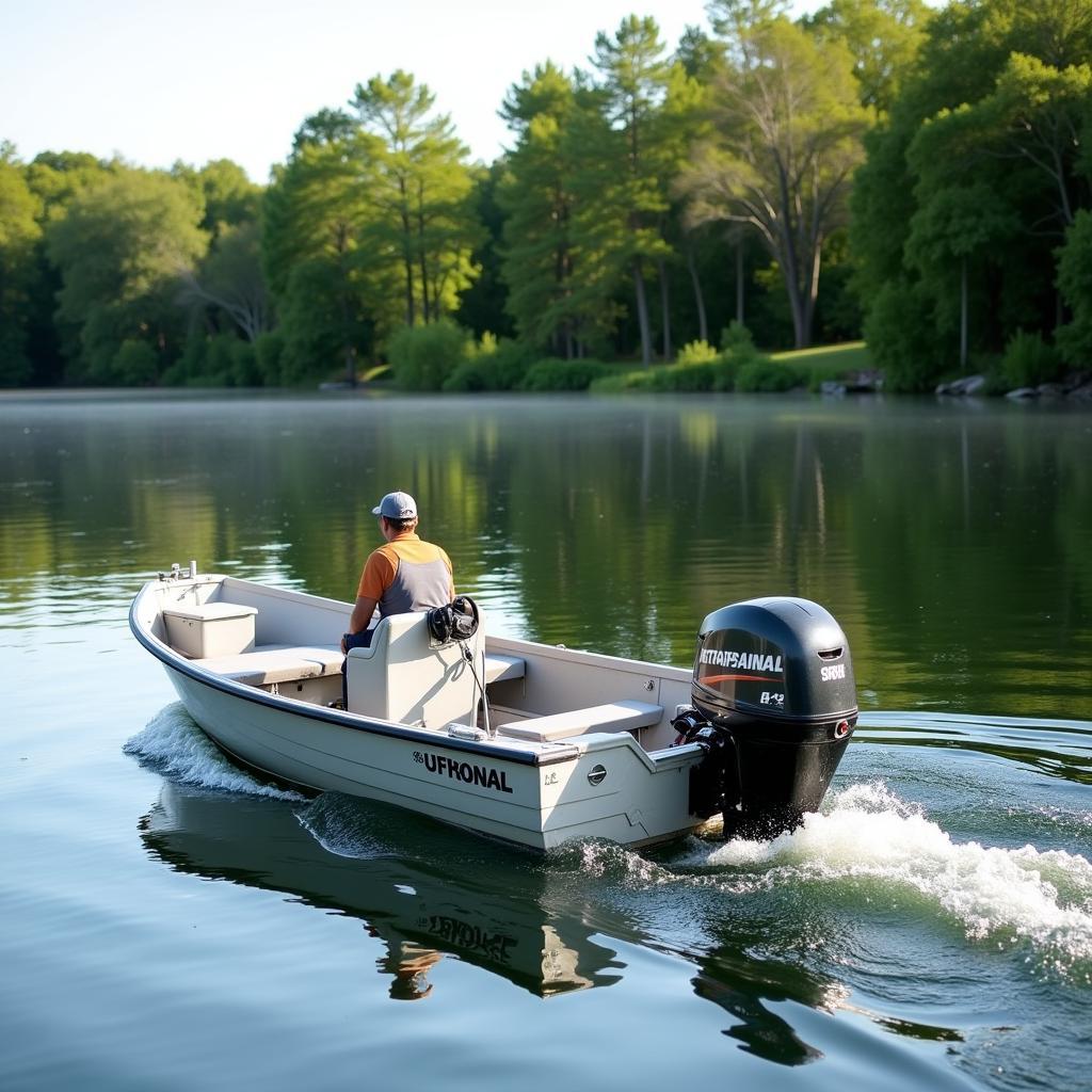 A small boat powered by a 6 hp outboard motor gliding across a calm lake.