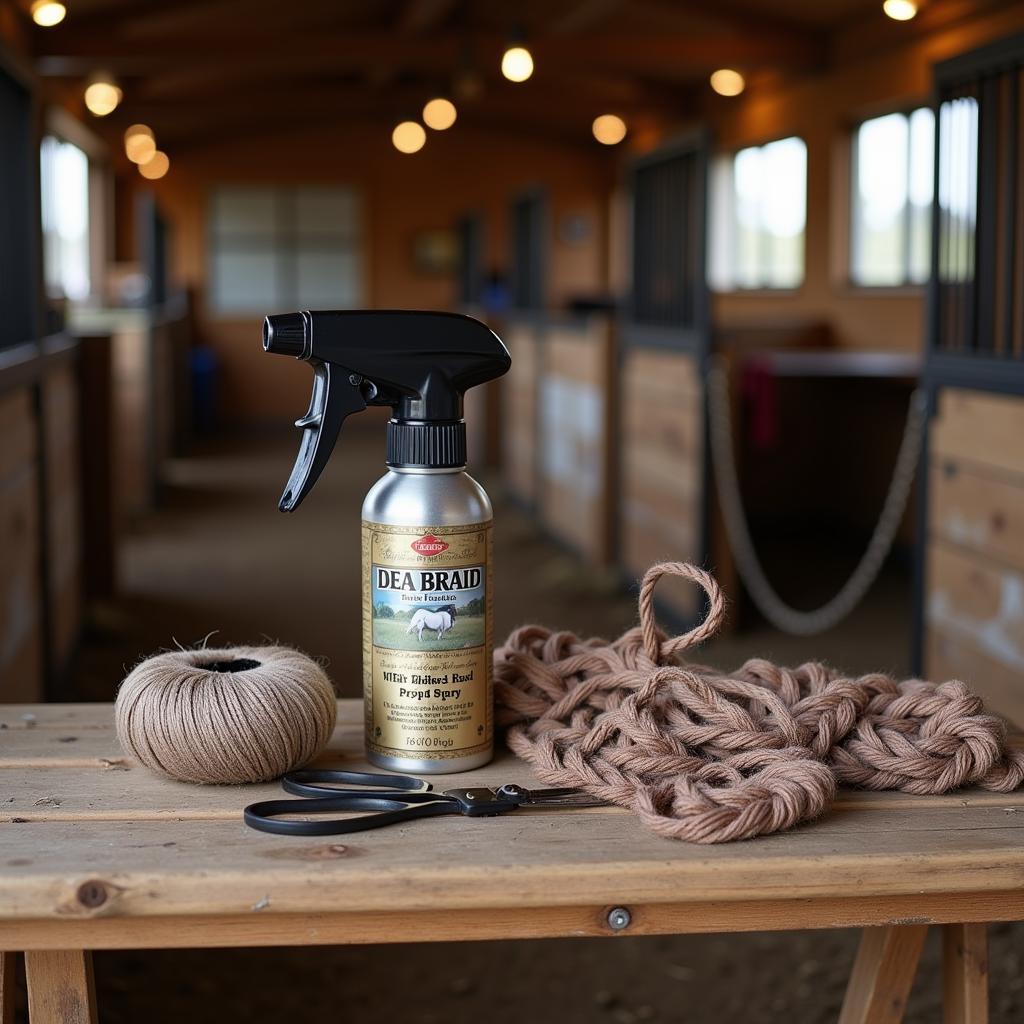 Horse braiding supplies neatly arranged on a stable table