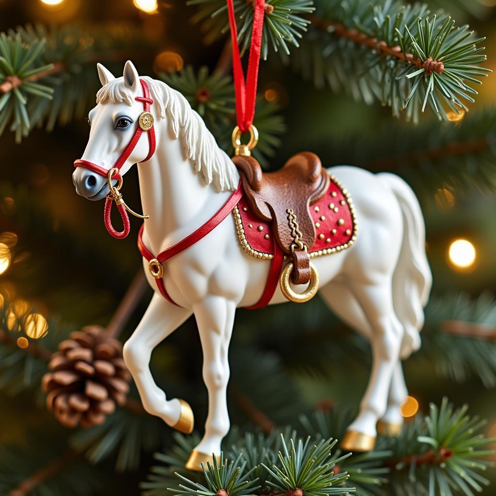 A close-up shot of a Breyer horse Christmas ornament featuring an Arabian horse.