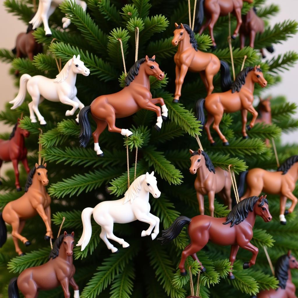 A collection of Breyer horse Christmas ornaments displayed on a Christmas tree