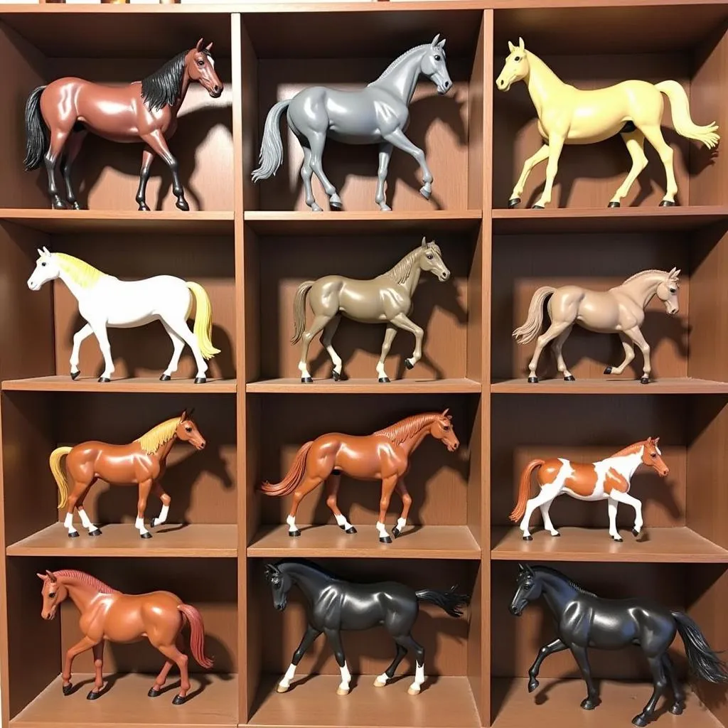 A collection of Breyer horse models displayed on shelves