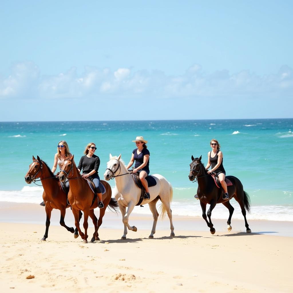 Group of riders on horseback enjoying a beach ride in Brisbane