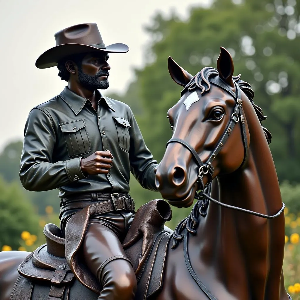 Bronze cowboy statue on horseback with intricate details