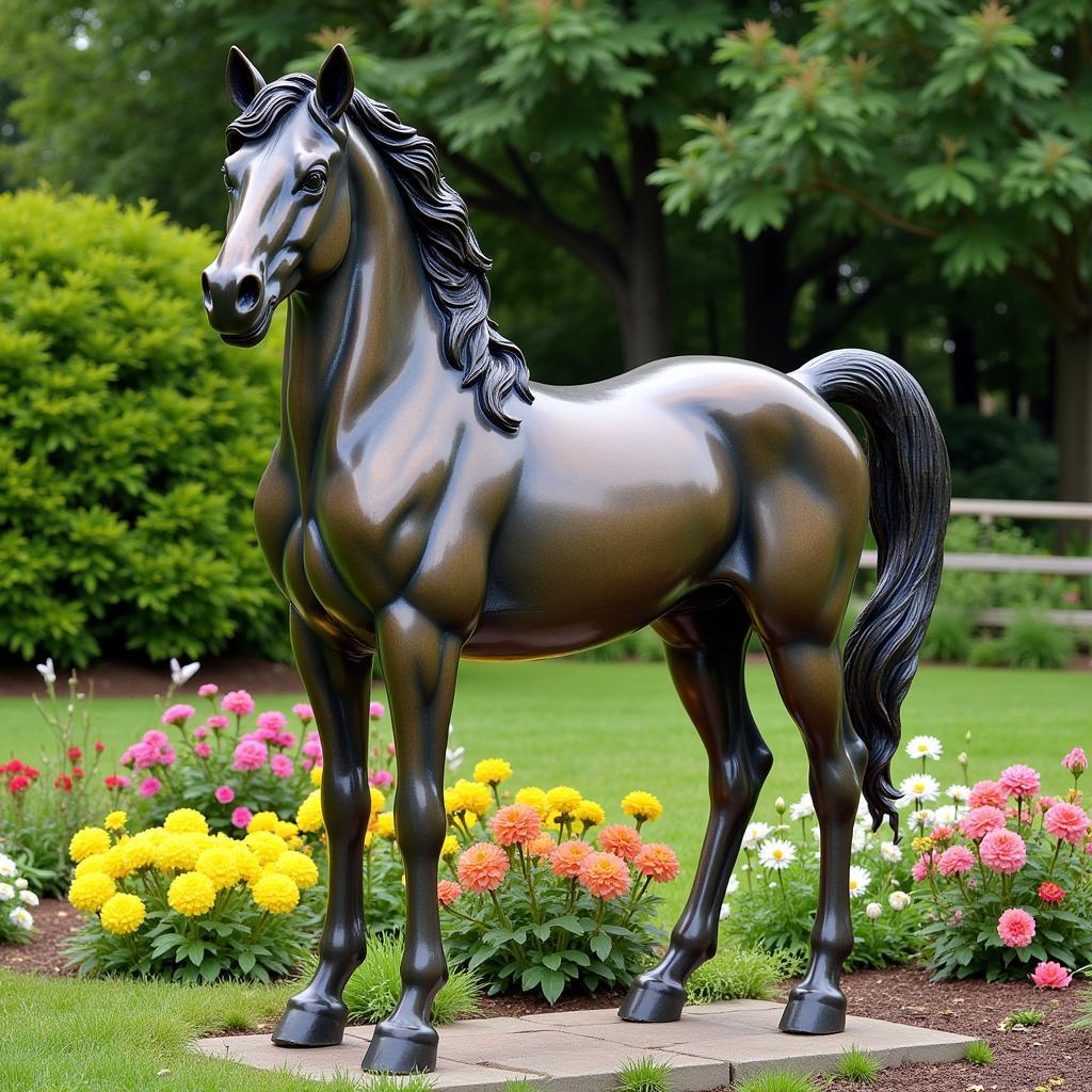 Bronze horse statue in a garden