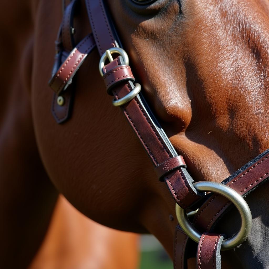 Closeup of a brown horse bridle