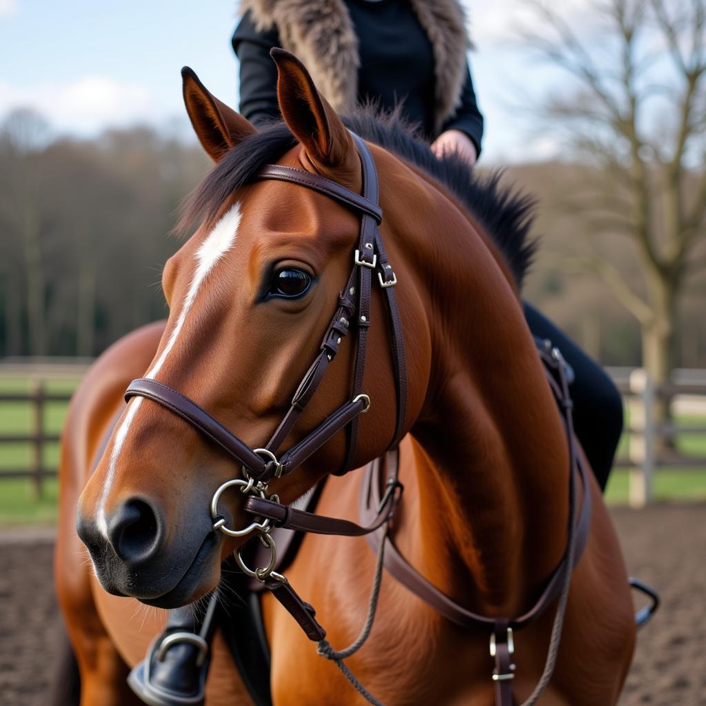 A brown horse wearing a bridle with a rider