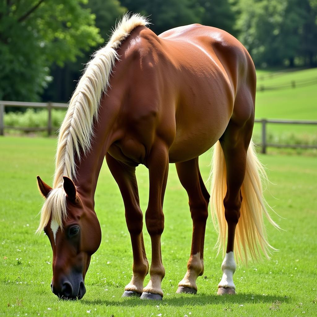 Brown Horse With White Mane Grazing in a Field