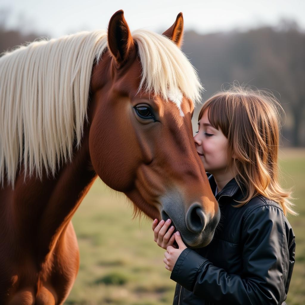 Brown Horse With White Mane Nuzzling Its Owner