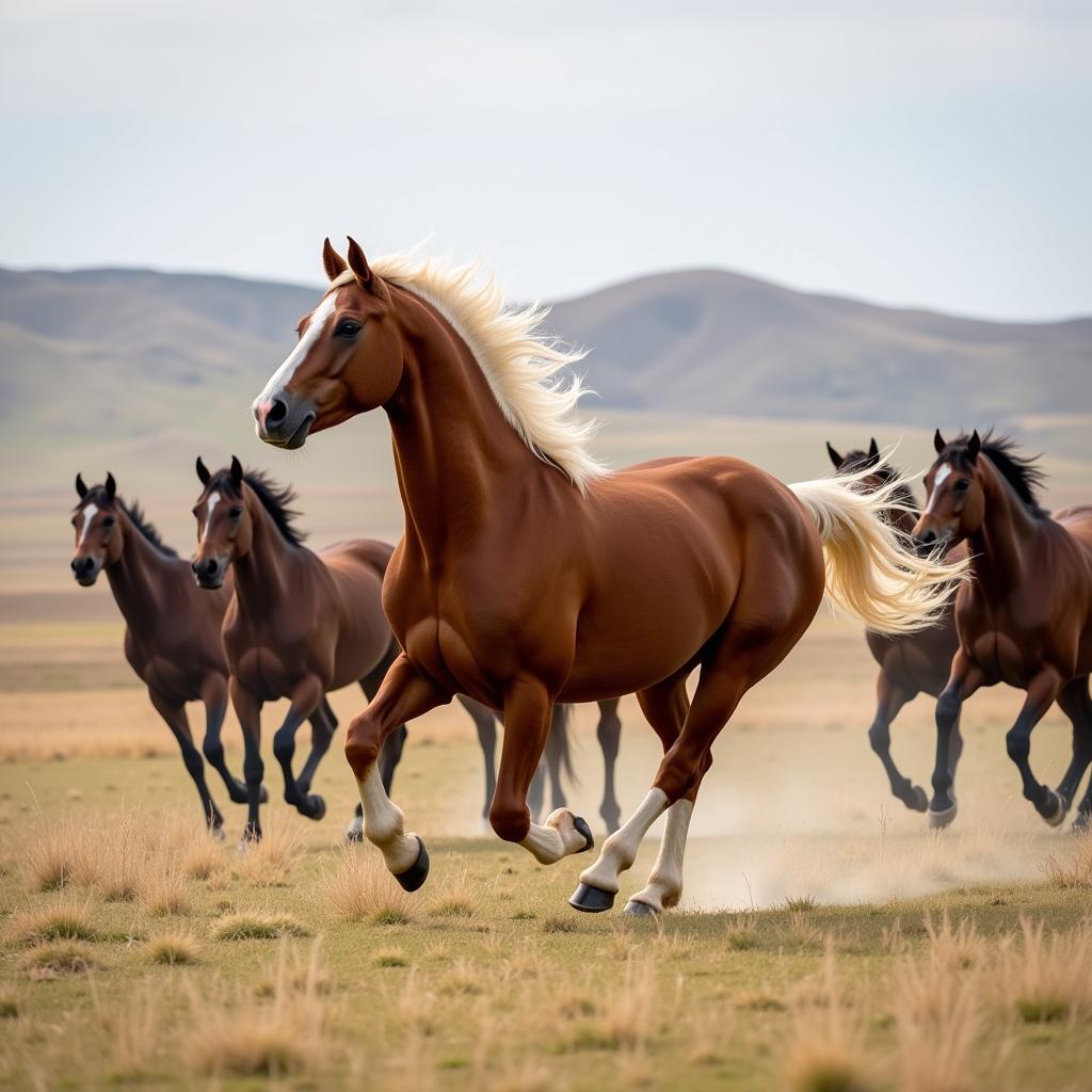 Brown Horse With White Mane Running in a Herd