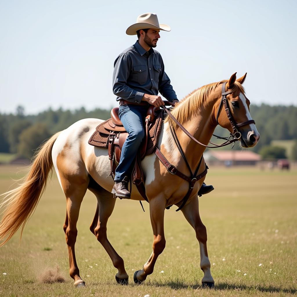 Buckskin Quarter Horse stallion ridden by a cowboy in a Western saddle