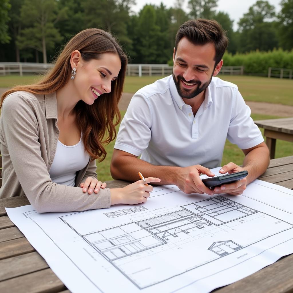 Equestrian Couple Reviewing Blueprints and Budget for Their Horse Arena House Combo