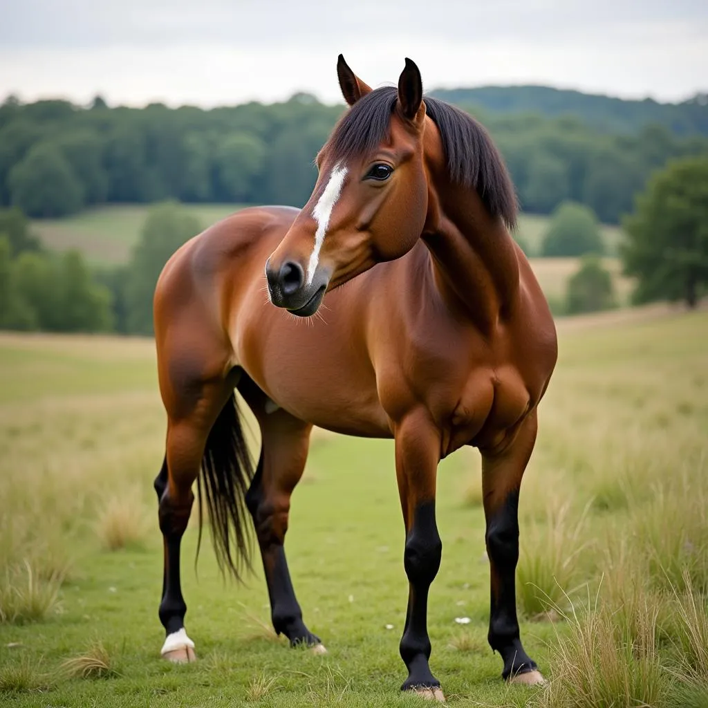 Burnt buckskin horse grazing peacefully in a field