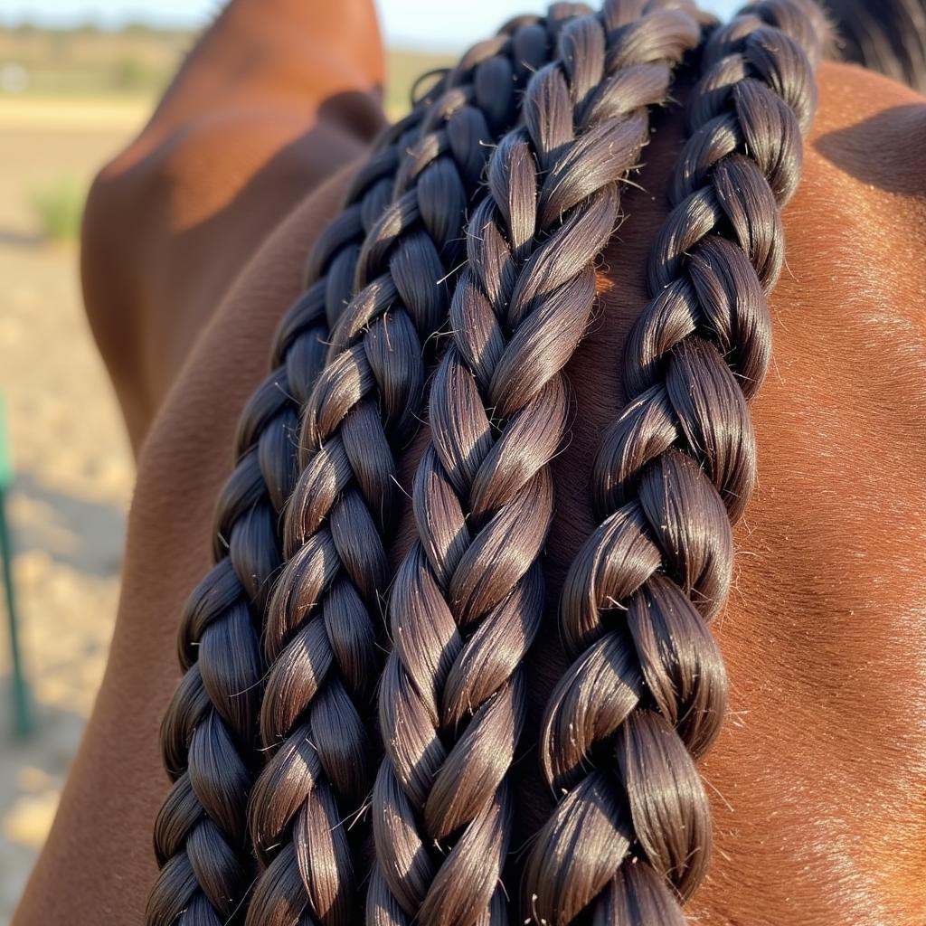 Close-up of button braids on a horse's mane