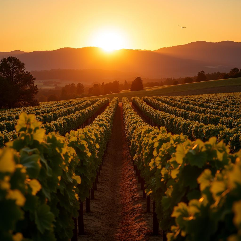 Sunset over rolling hills of a vineyard in California