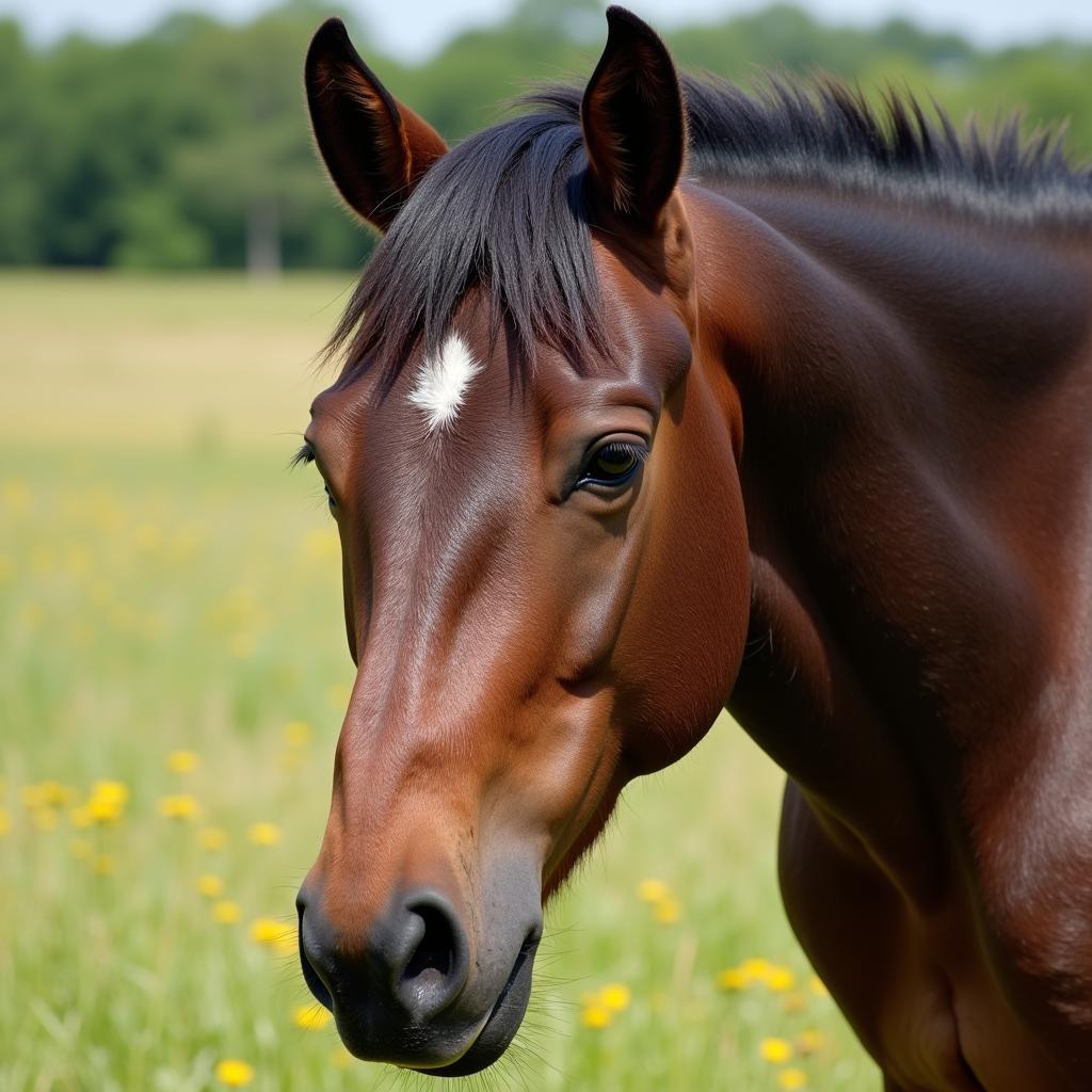 Calm horse grazing peacefully in a pasture